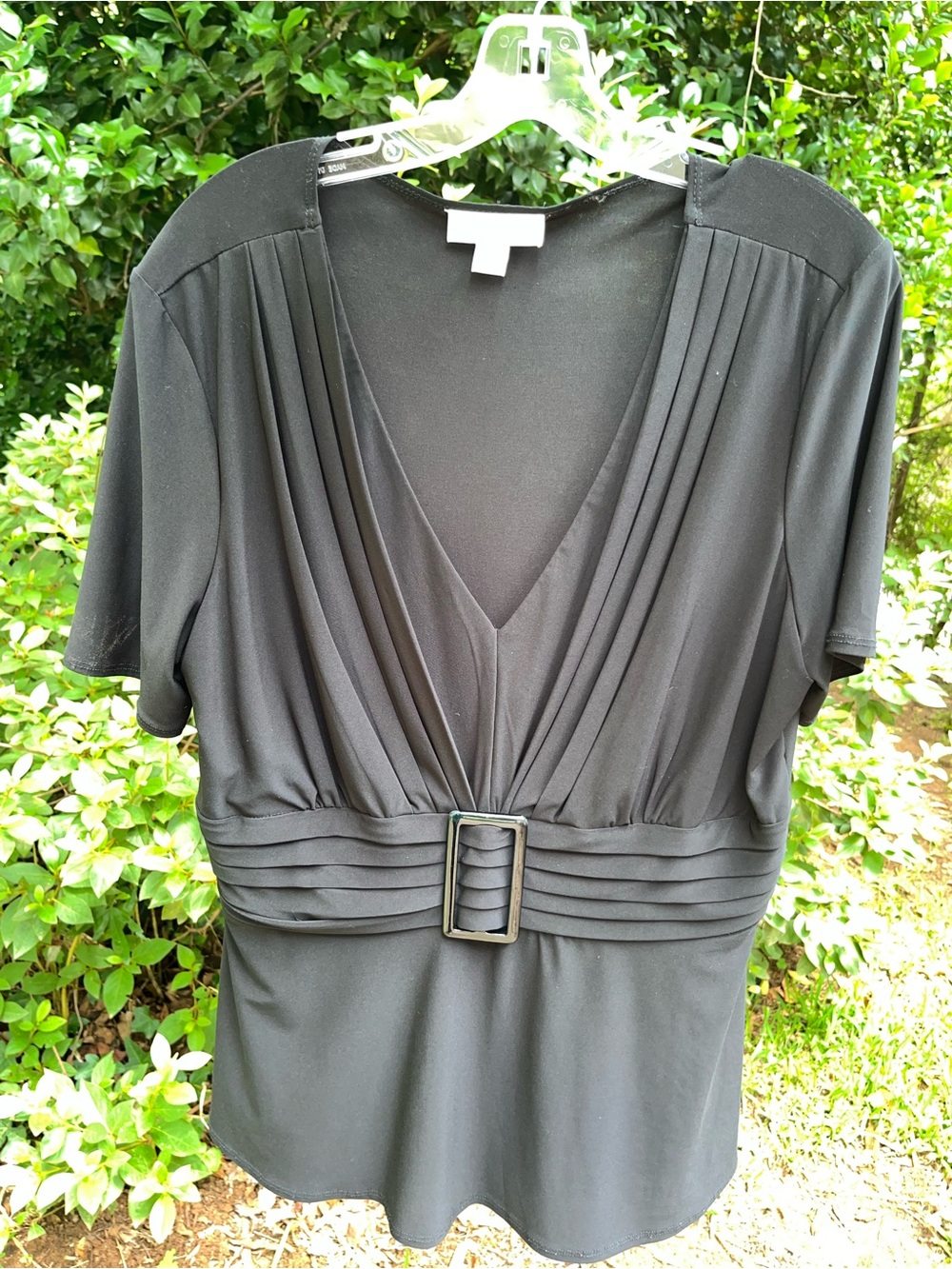 Women’s Black V-Neck Pleated Waist Top Blouse with Buckle Work Traditional 16